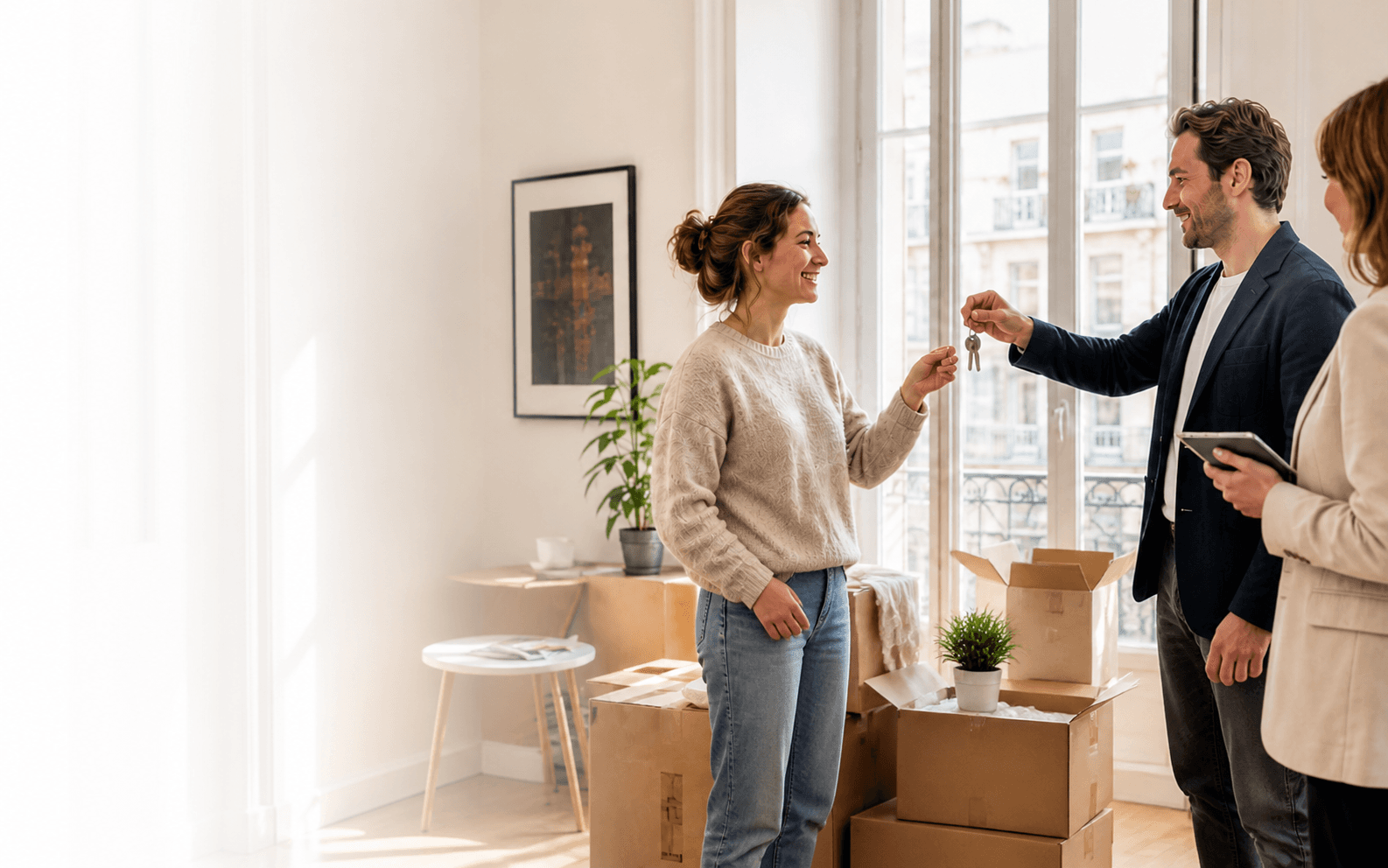 Une professionnelle de l’immobilier remet les clés d’un logement à sa cliente